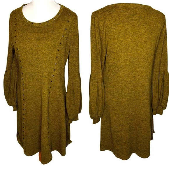 Spense Green Studded Balloon Sleeve Knit Sweater Dress Stretch Pull Over Size M - Picture 12 of 12